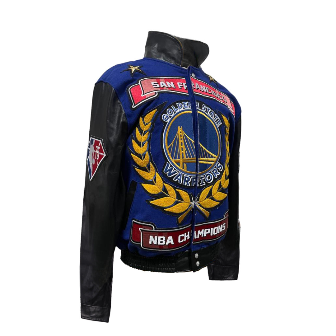 GOLDEN STATE WARRIORS WOOL & LEATHER PLAYOFFS LEATHER JACKET BLUE
