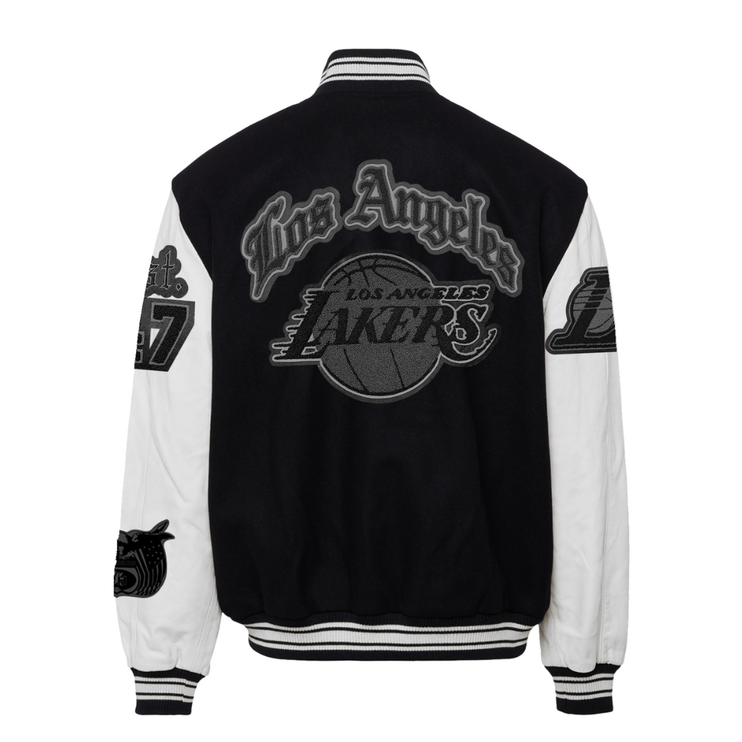 LOS ANGELES LAKERS WOOL & LEATHER VARSITY JACKET Black and white