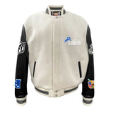 Detroit Lions Wool & Leather Varsity Jacket White / Black Rib Knit