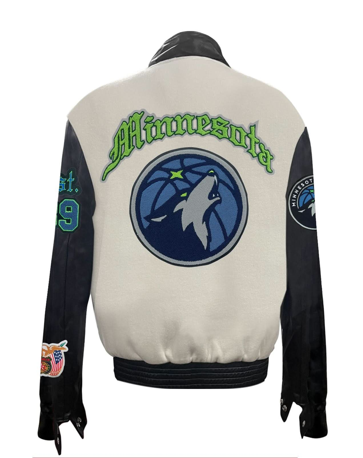 MINNESOTA TIMBERWOLVES WOOL LEATHER VARSITY JACKET Off White Jeff Hamilton Shop