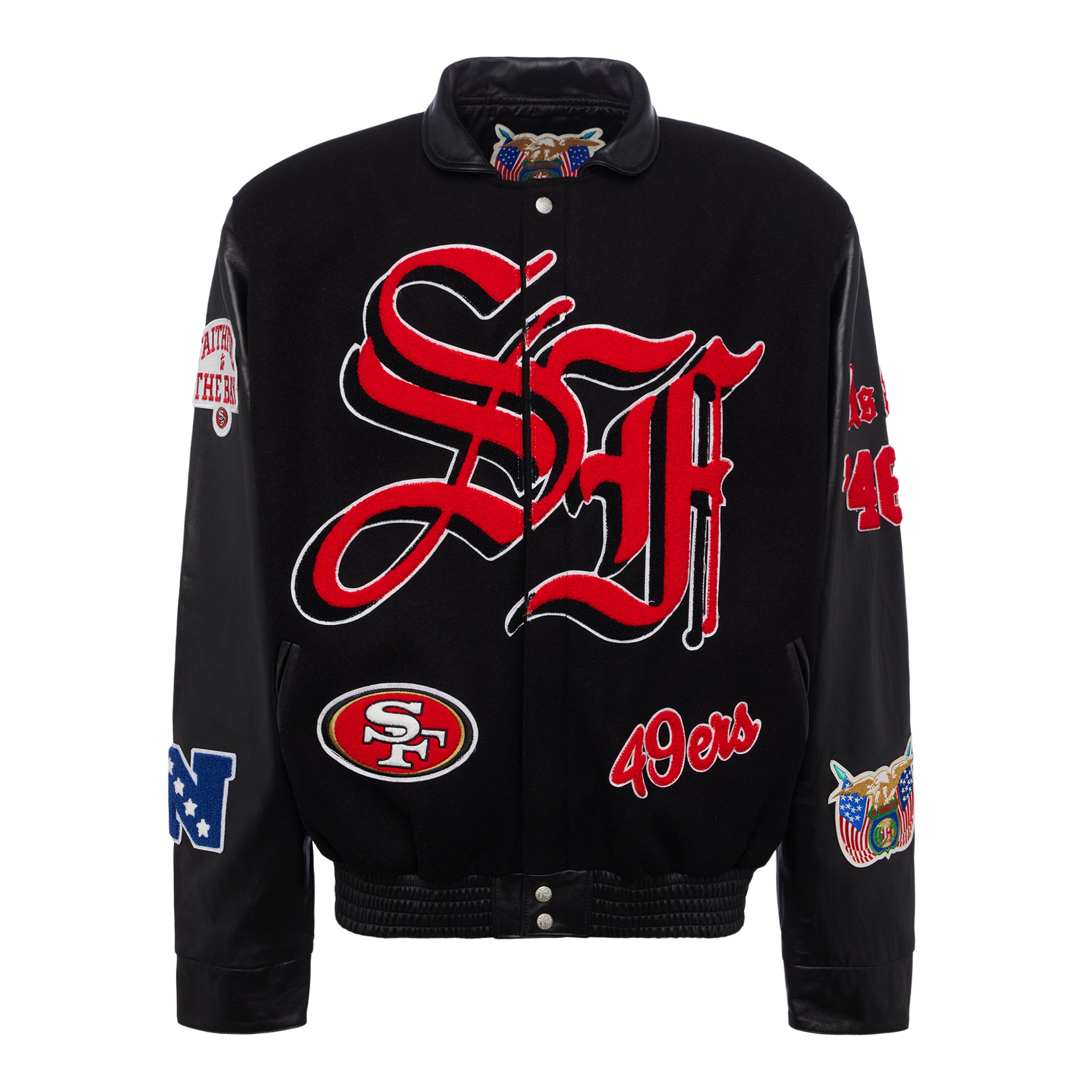 SAN FRANCISCO 49ERS WOOL & LEATHER VARSITY JACKET Black/Black – Jeff  Hamilton Shop