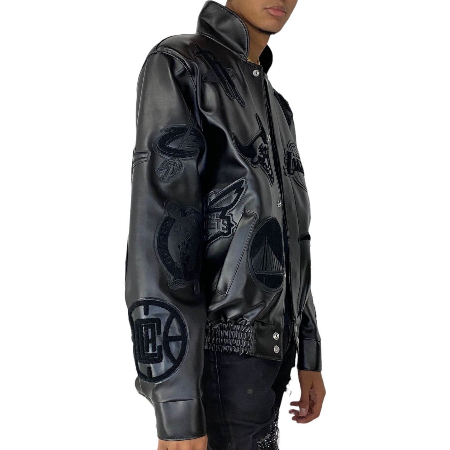 NBA COLLAGE VEGAN LEATHER JACKET Black on Black