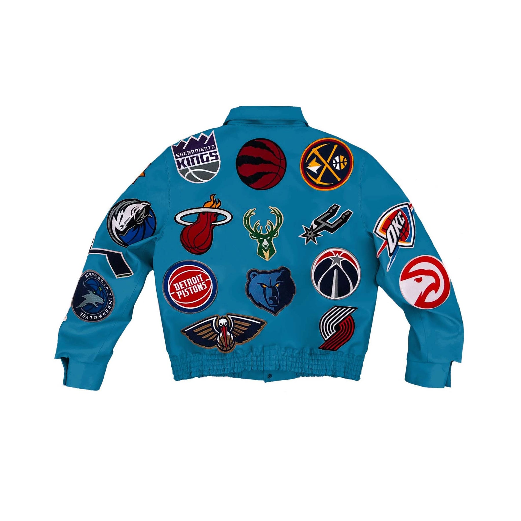 NBA COLLAGE VEGAN LEATHER JACKET TEAL