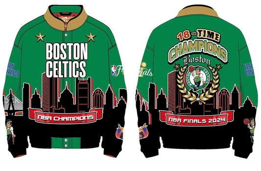 PREORDER: 2024 NBA CHAMPION BOSTON CELTICS SKYLINE VEGAN LEATHER JACKET