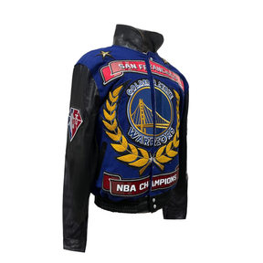 GOLDEN STATE WARRIORS WOOL & LEATHER PLAYOFFS LEATHER JACKET BLUE