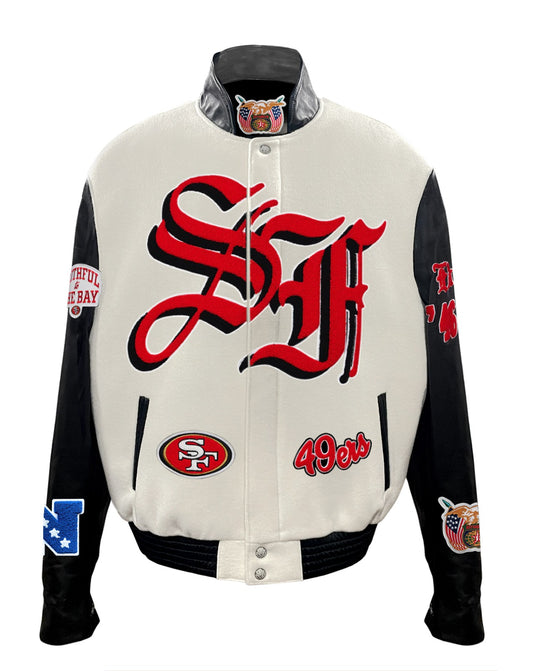 SAN FRANCISCO 49ERS WOOL & LEATHER VARSITY JACKET Off White/Black Leather Trim