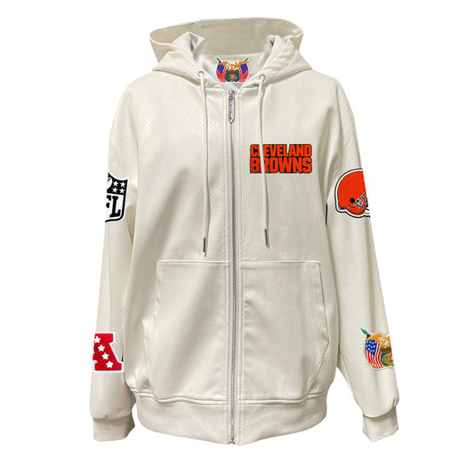 CLEVELAND BROWNS LIGHTWEIGHT VEGAN ZIP-UP HOODED JACKET WHITE