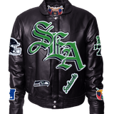 Seattle Seahawks Black Leather Puffer Old English Jacket