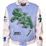 Seattle Seahawks Wool & Leather Old English Varsity Jacket Light Blue/White