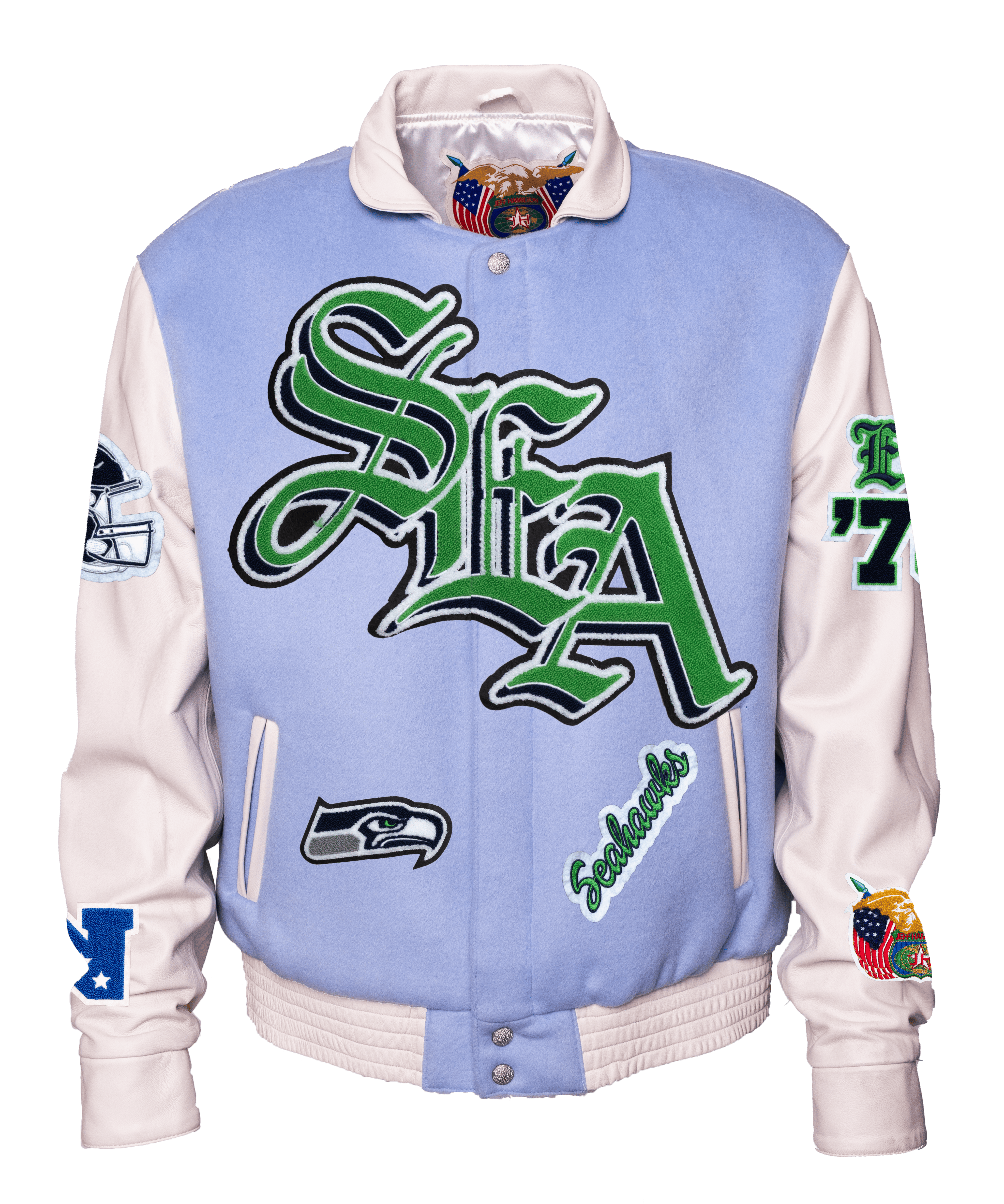 Seattle Seahawks Wool & Leather Old English Varsity Jacket Light Blue/White