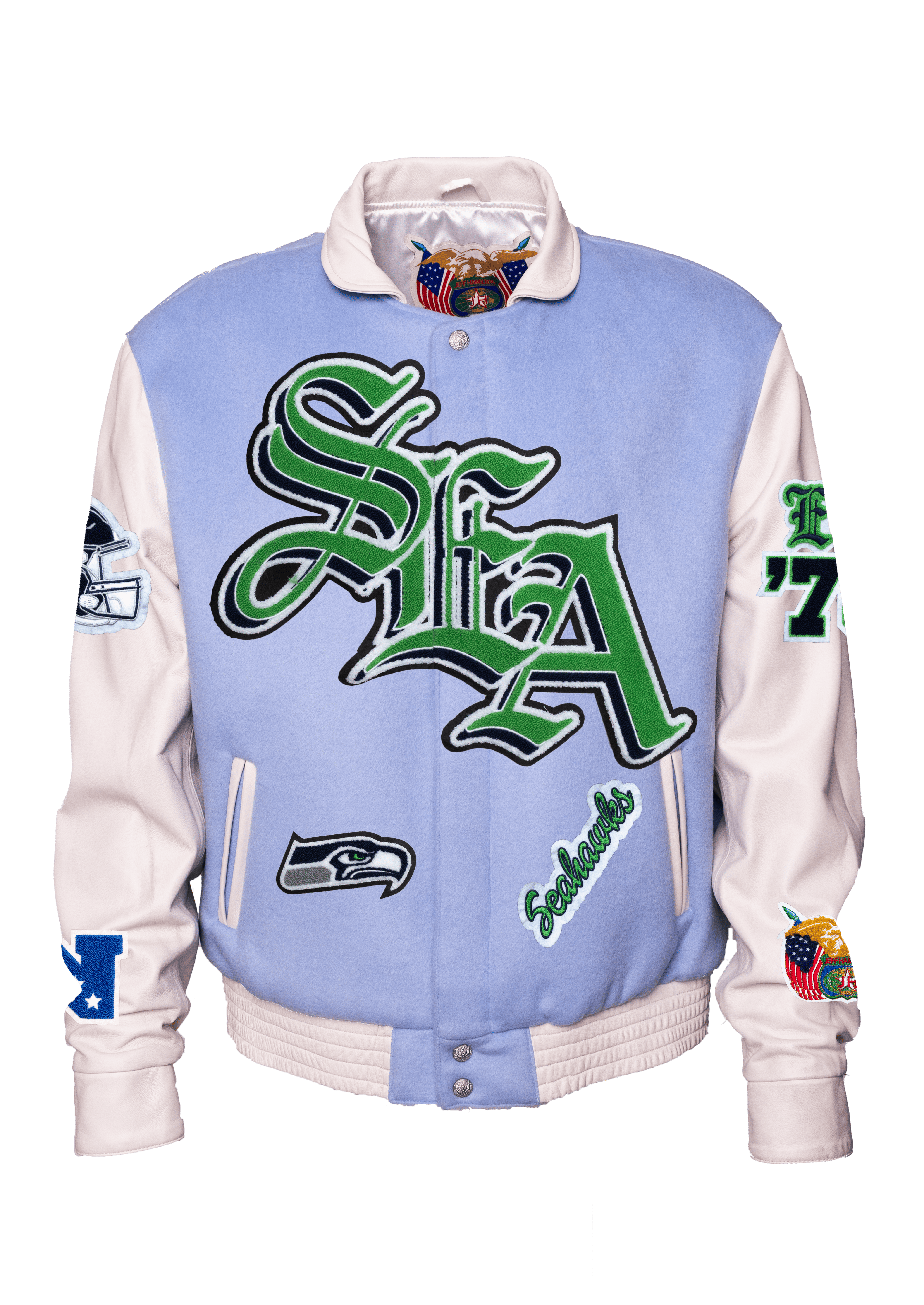 Seattle Seahawks Wool & Leather Old English Varsity Jacket Light Blue/White