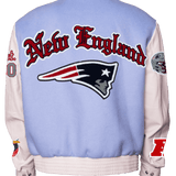 New England Patriots Wool & Leather Old English Varsity Jacket Light Blue/White