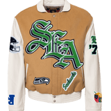 Seattle Seahawks Wool & Leather Old English Varsity Jacket Camel