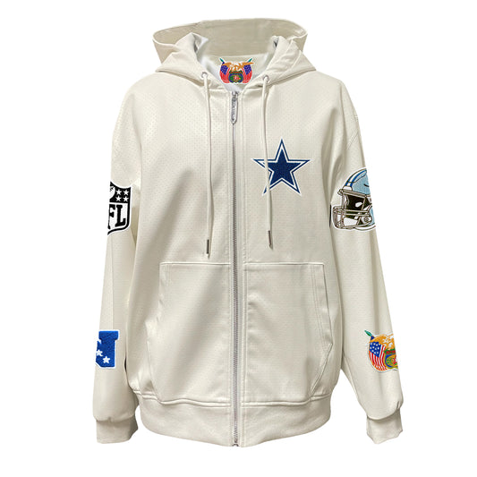 DALLAS COWBOYS LIGHTWEIGHT VEGAN ZIP-UP HOODED JACKET WHITE