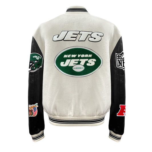 NEW YORK JETS WOOL & LEATHER VARSITY JACKET Off White/Black