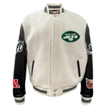 New York Jets Wool & Leather Varsity Jacket Off White/Black