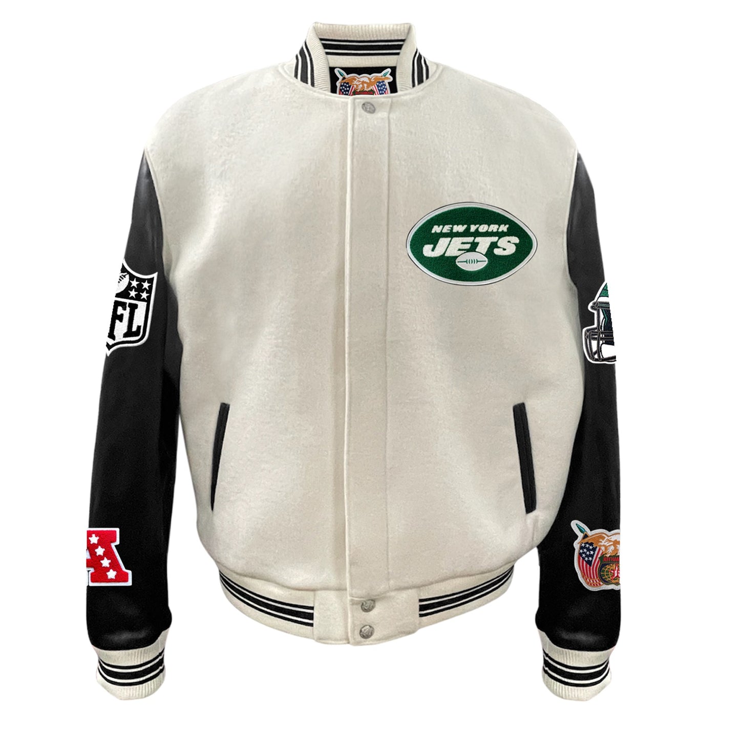 NEW YORK JETS WOOL & LEATHER VARSITY JACKET Off White/Black