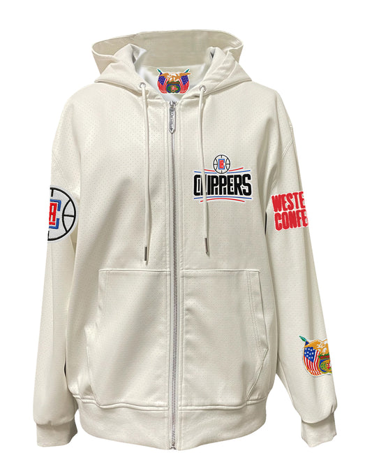LOS ANGELES CLIPPERS LIGHTWEIGHT VEGAN ZIP-UP HOODED JACKET WHITE