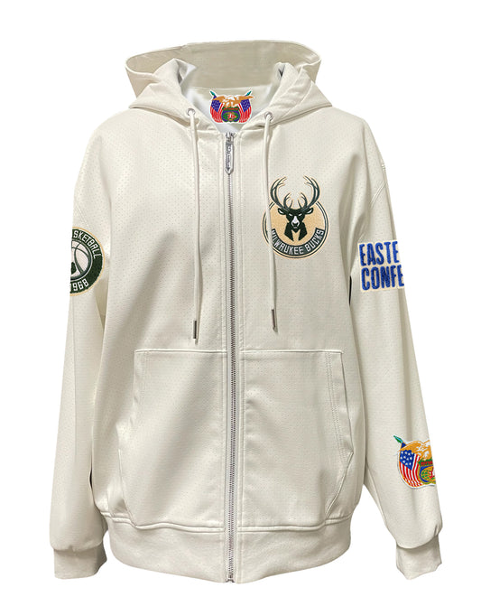 MILWAUKEE BUCKS LIGHTWEIGHT VEGAN ZIP-UP HOODED JACKET WHITE