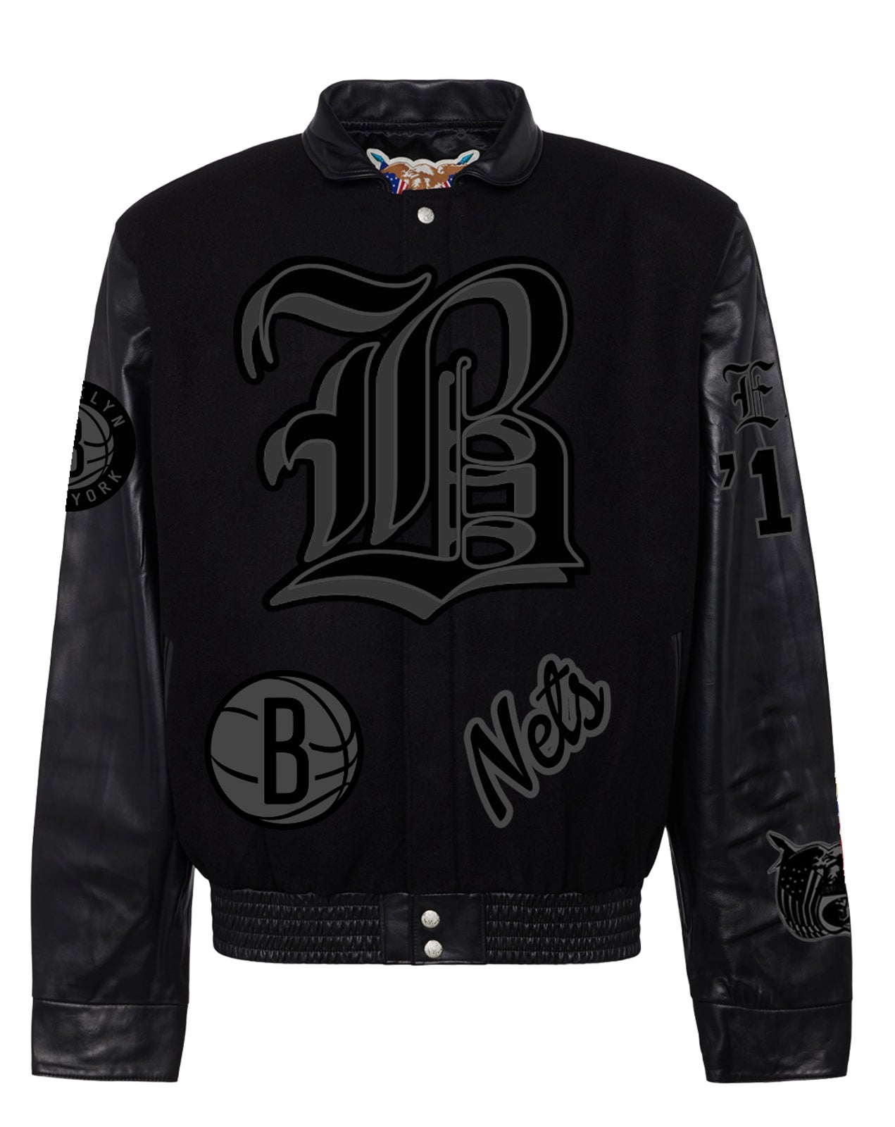 BROOKLYN NETS WOOL & LEATHER OLD ENGLISH VARSITY JACKET Black/Black