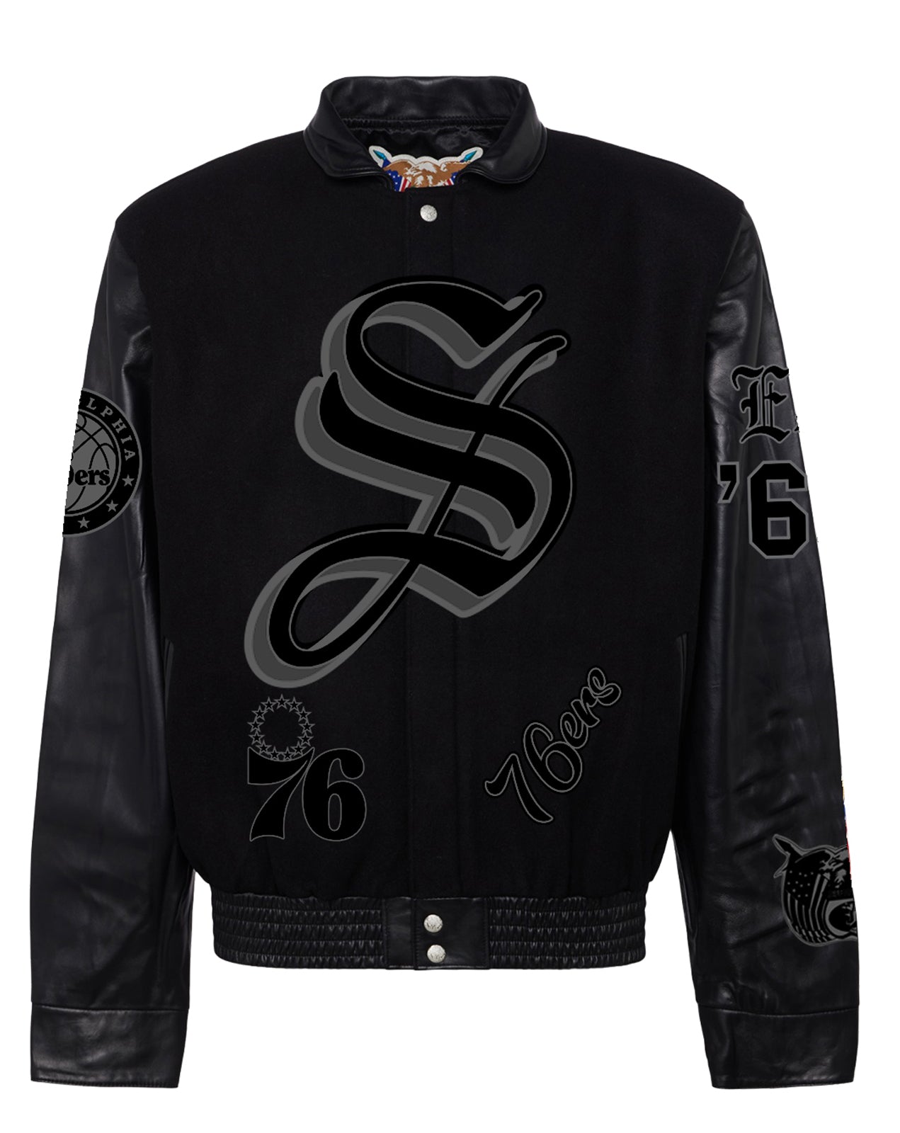 PHILADELPHIA 76ERS WOOL & LEATHER OLD ENGLISH VARSITY JACKET Black/Black