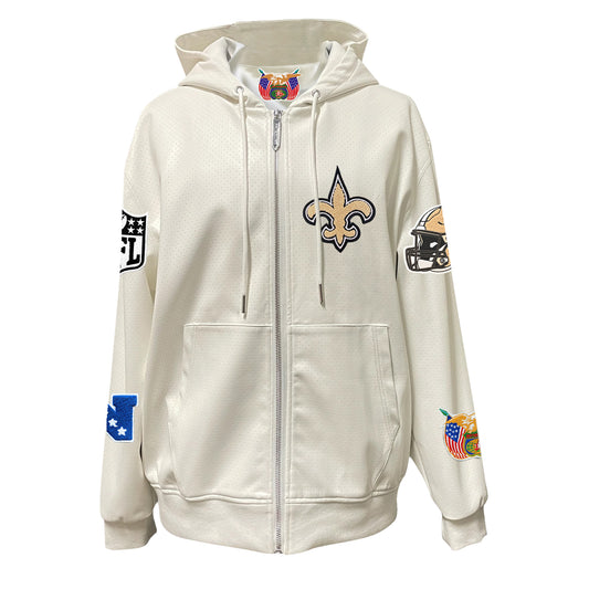 NEW ORLEANS SAINTS LIGHTWEIGHT VEGAN ZIP-UP HOODED JACKET WHITE