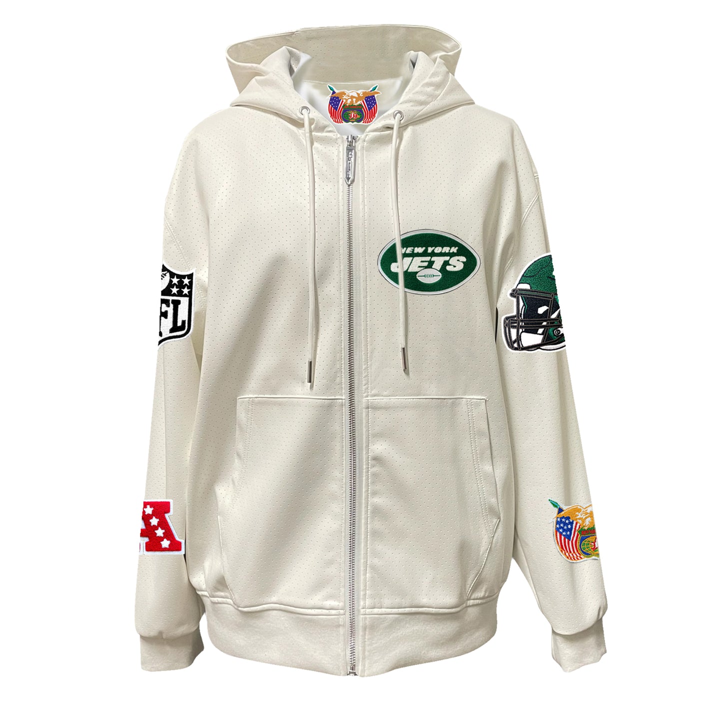 NEW YORK JETS LIGHTWEIGHT VEGAN ZIP-UP HOODED JACKET WHITE