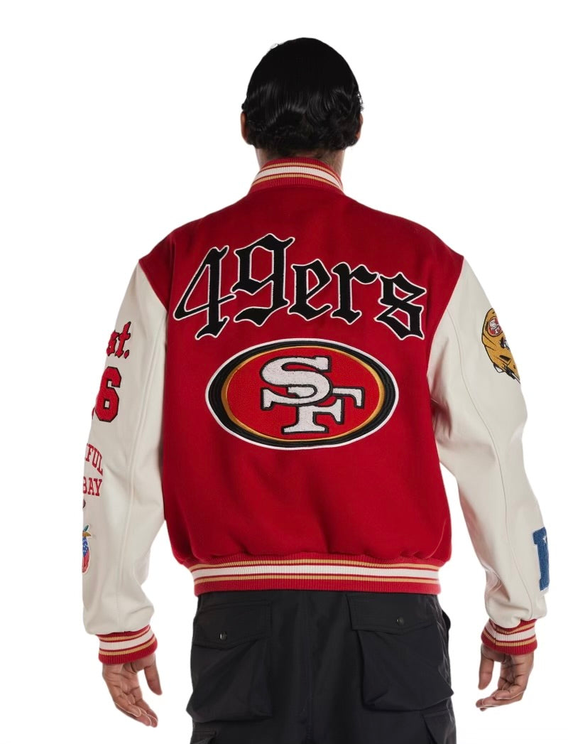 San Francisco 49ers Black Letterman Varsity Jacket with Leather Sleeves