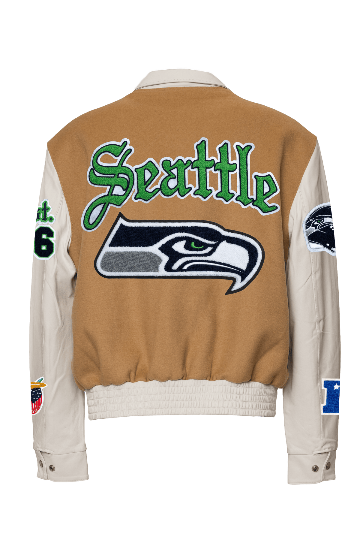 dezert sport 田中オム　archive スウェードジャケット Seattle Seahawks Wool & Leather Old English Varsity Jacket Camel