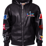 Super Bowl 2026 Vegan Leather Zip-Up Hooded Jacket Black