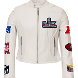Super Bowl 2026 FULL LEATHER WHITE WOMENS MOTO JACKET
