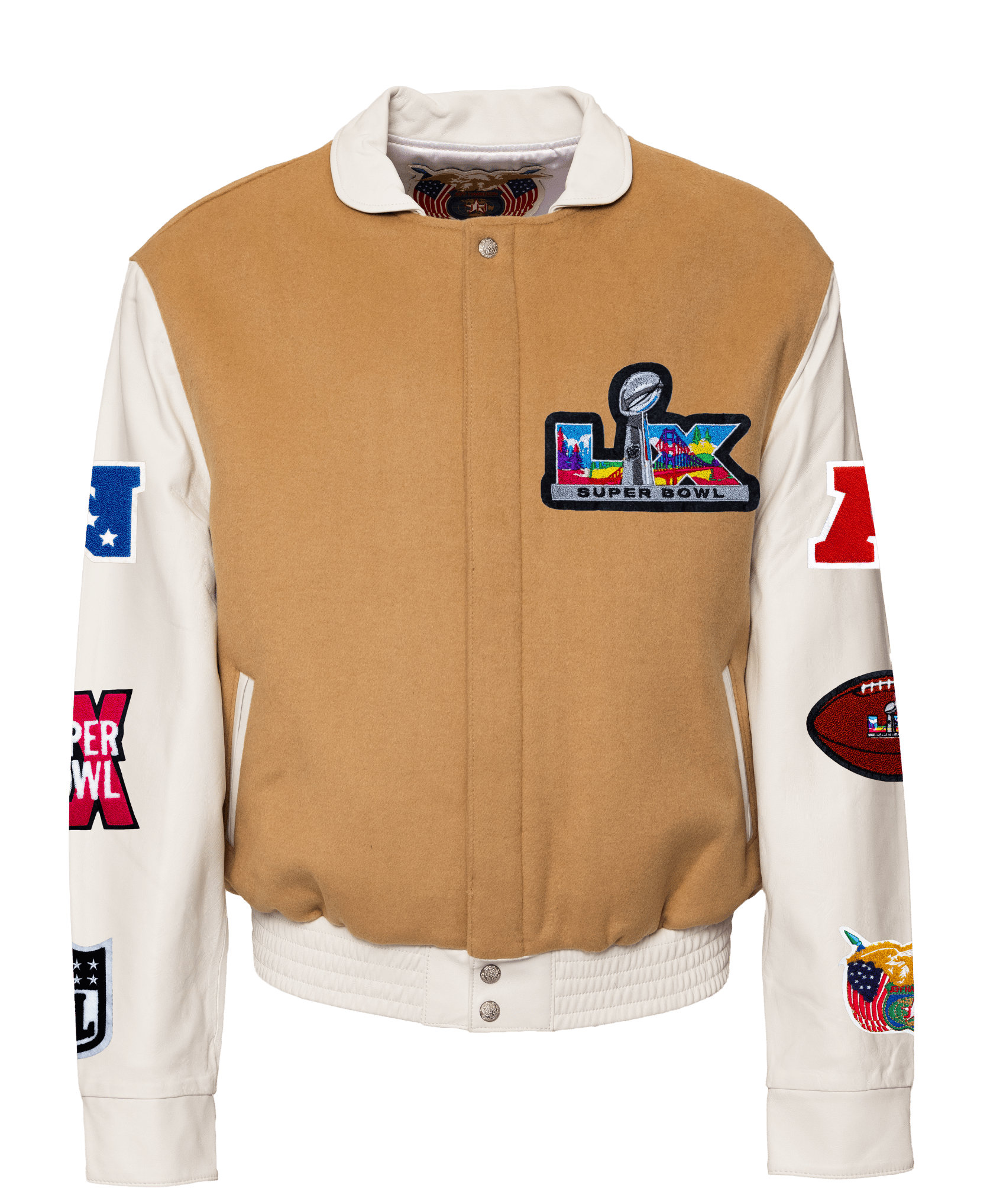 Super Bowl 2026 Wool & Leather Varsity Jacket Camel/White – Jeff Super Bowl 2026 Wool & Leather Varsity Jacket Camel/White – Jeff