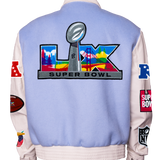 Super Bowl 2026 Wool & Leather Varsity Jacket Light Blue/White