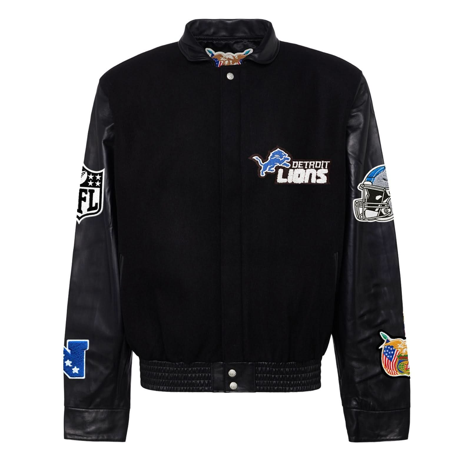 DETROIT LIONS WOOL LEATHER VARSITY JACKET Black Black Jeff Hamilton Shop