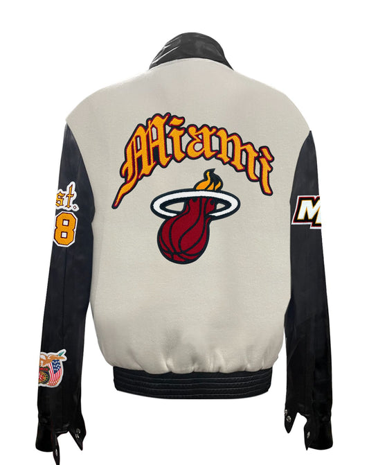 MIAMI HEAT WOOL & LEATHER VARSITY OLD ENGLISH JACKET Off-White