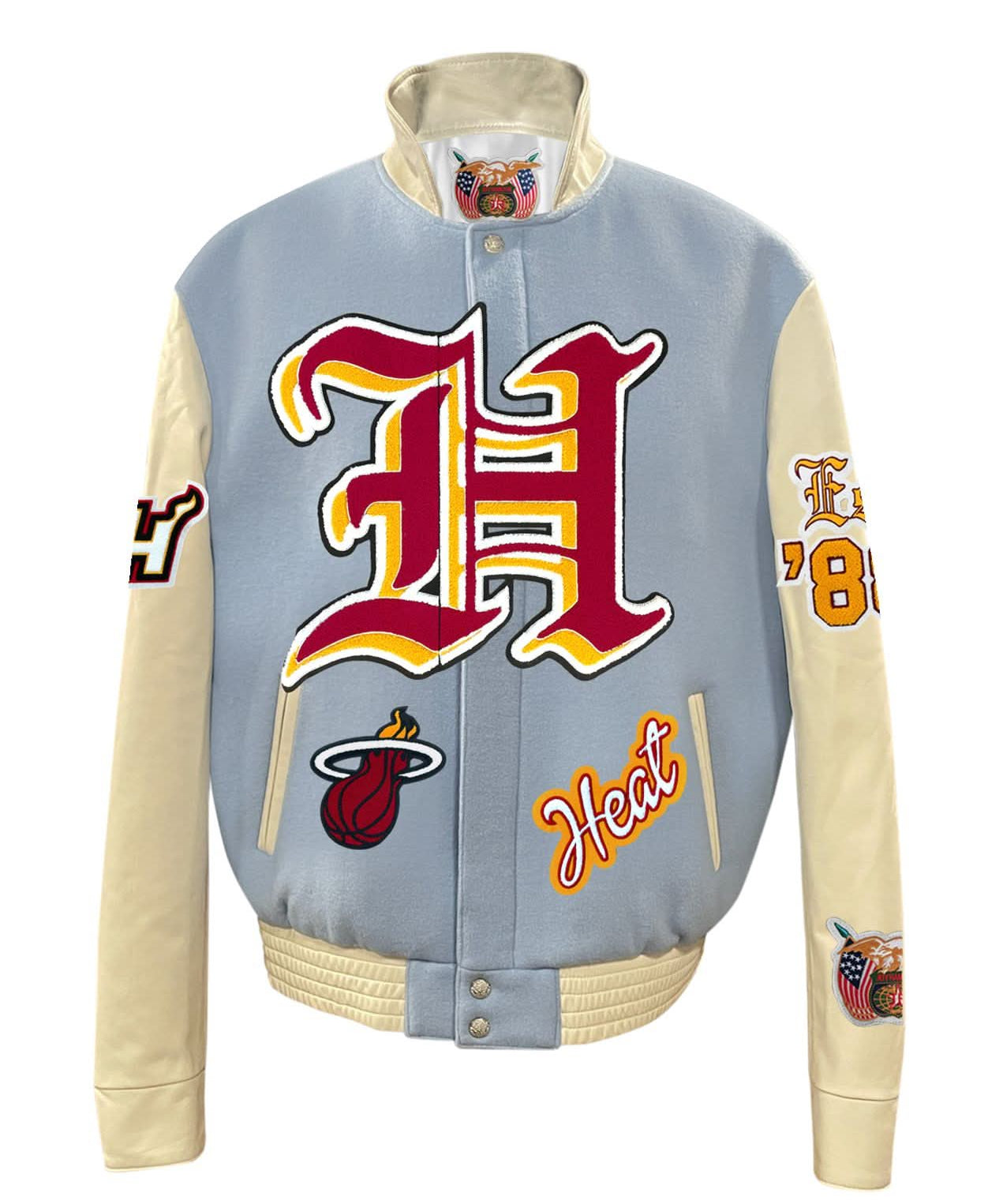 Miami Heat Wool & Leather Old English Varsity Jacket Baby Blue