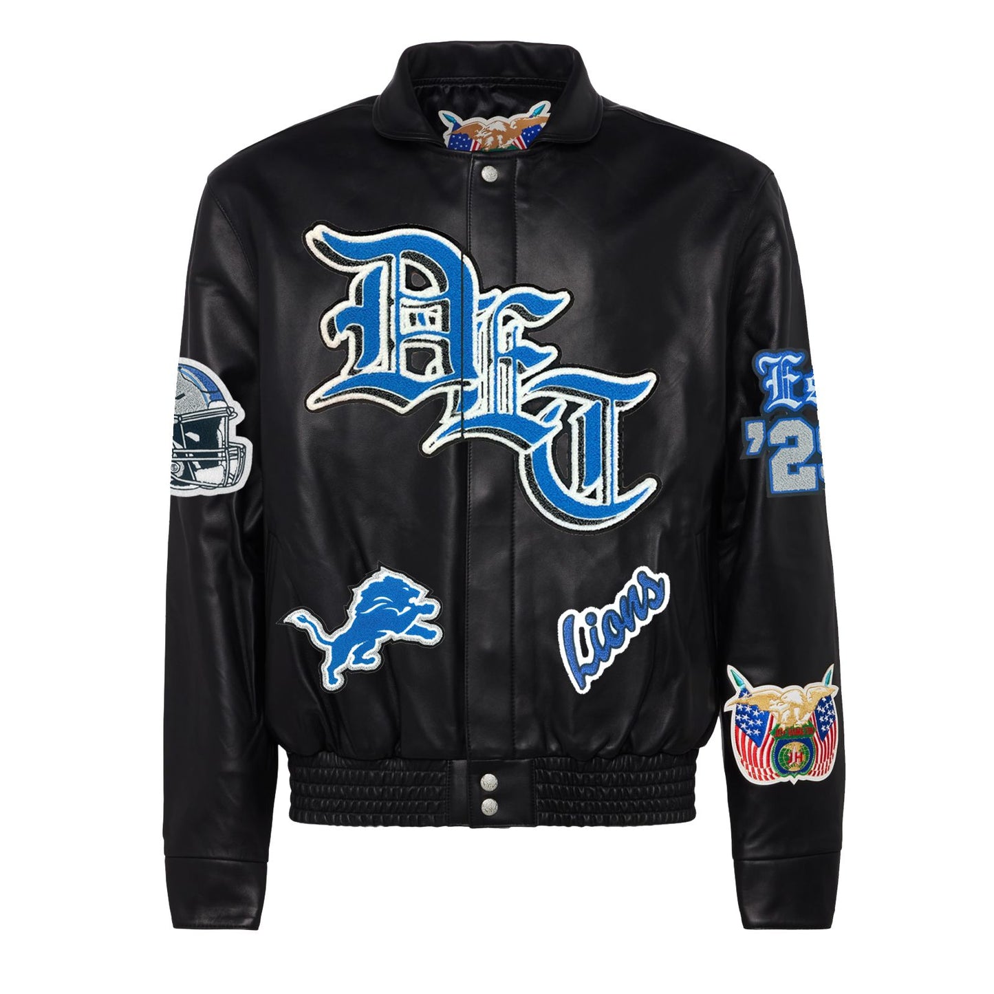 DETROIT LIONS FULL LEATHER OLD ENGLISH JACKET Black