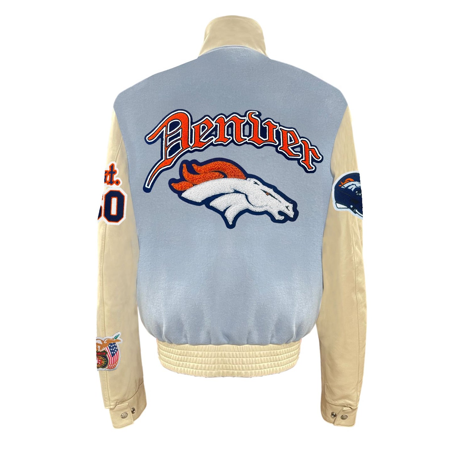 DENVER BRONCOS WOOL & LEATHER OLD ENGLISH VARSITY JACKET Baby Blue