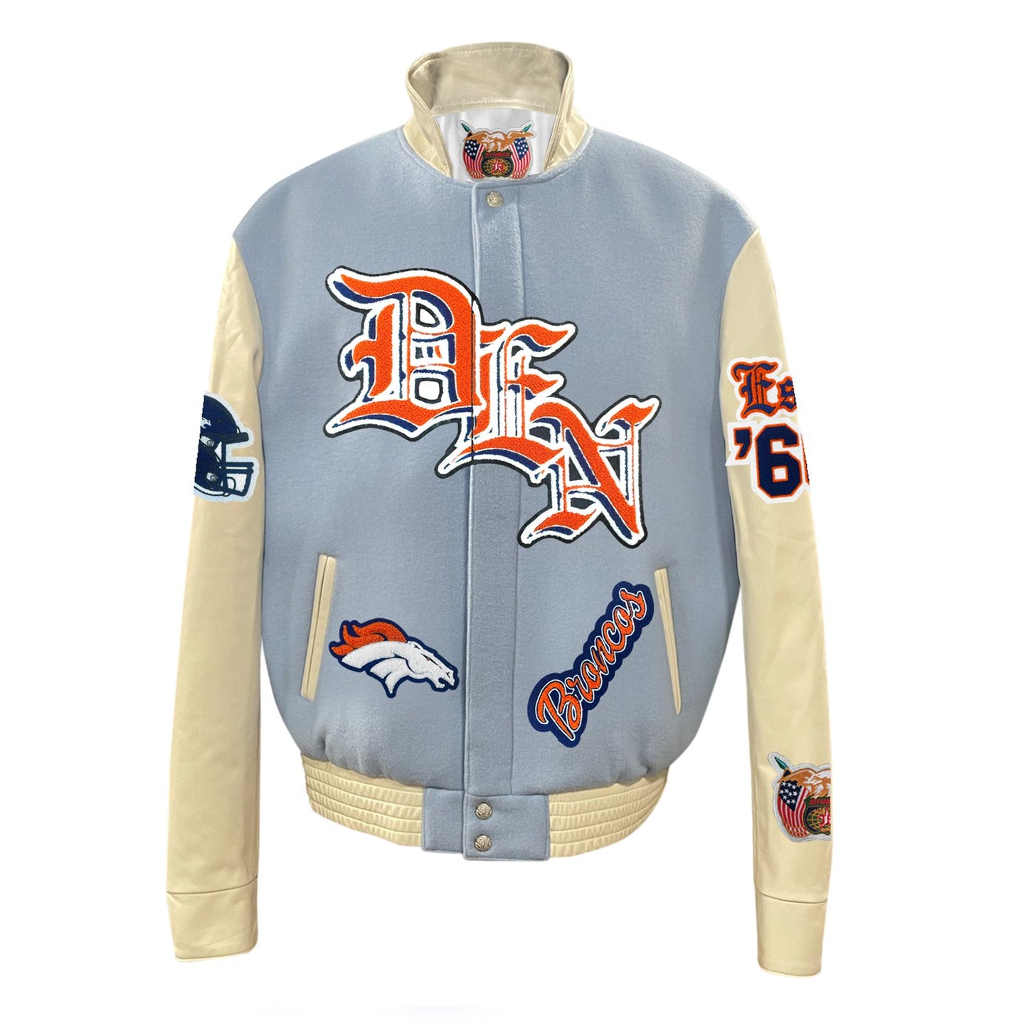 DENVER BRONCOS WOOL & LEATHER OLD ENGLISH VARSITY JACKET Baby Blue