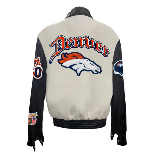 DENVER BRONCS WOOL & LEATHER VARSITY JACKET Off White/Black