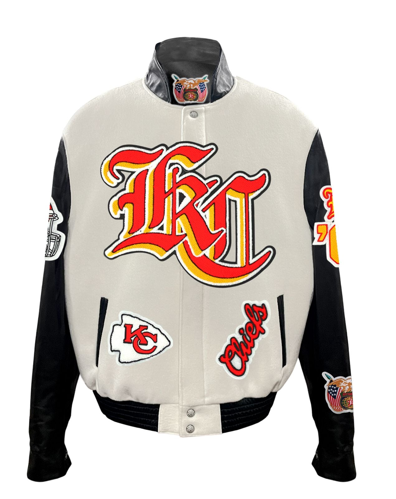 KANSAS CITY CHIEFS WOOL & LEATHER VARSITY OLD ENGLISH JACKET Off-White