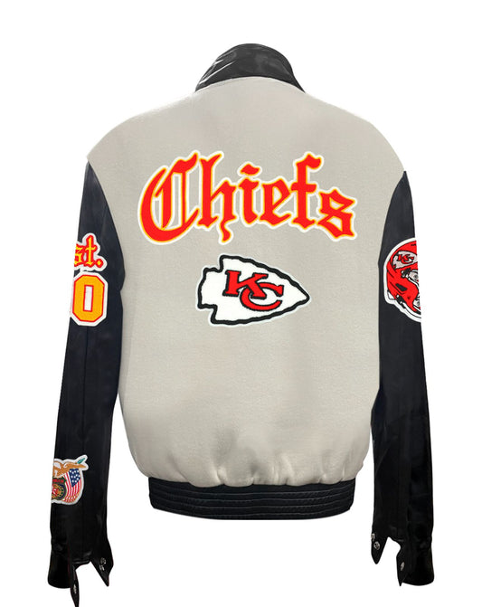 KANSAS CITY CHIEFS WOOL & LEATHER VARSITY OLD ENGLISH JACKET Off-White