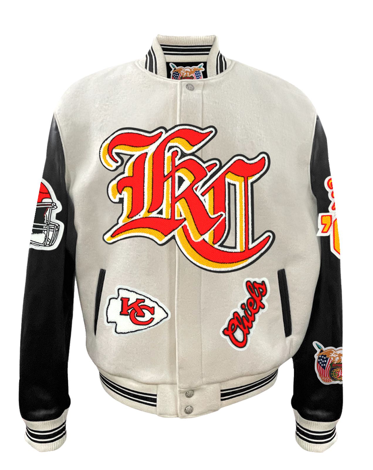 KANSAS CITY CHIEFS WOOL & LEATHER OLD ENGLISH VARSITY JACKET Off White/Black