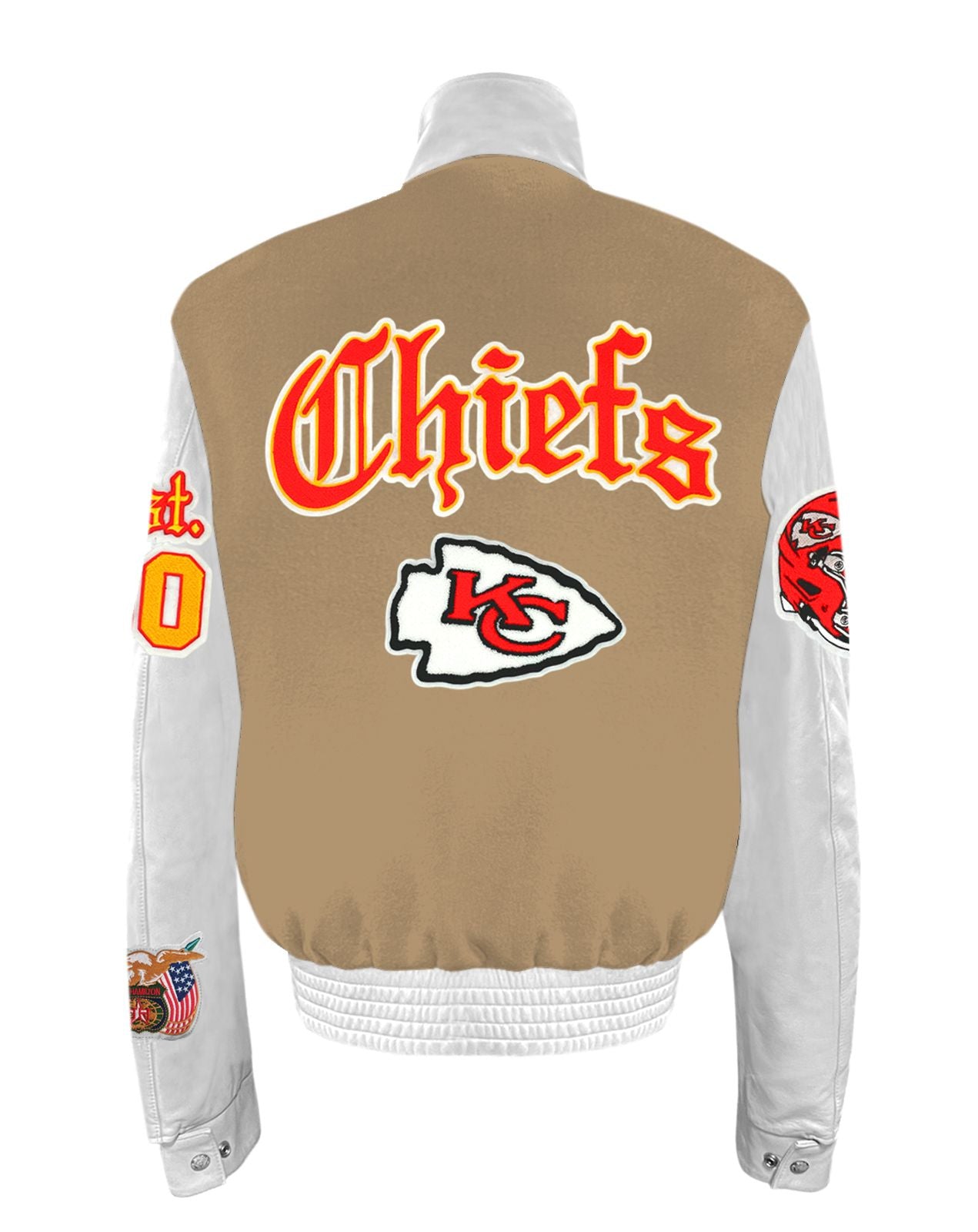 KANSAS CITY CHIEFS WOOL & LEATHER OLD ENGLISH VARSITY JACKET Camel