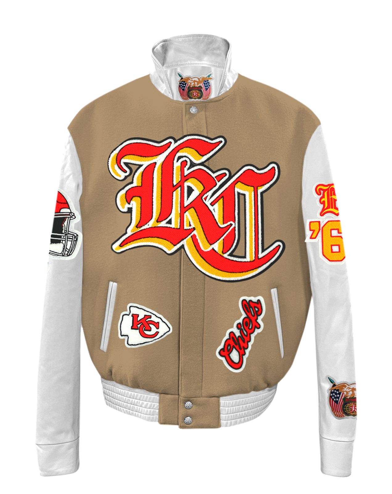 KANSAS CITY CHIEFS WOOL & LEATHER OLD ENGLISH VARSITY JACKET Camel