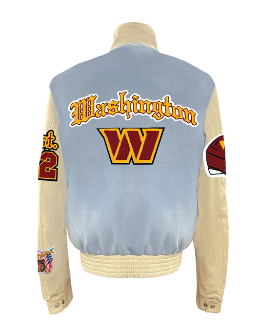 WASHINGTON COMMANDERS WOOL & LEATHER OLD ENGLISH VARSITY JACKET Baby Blue