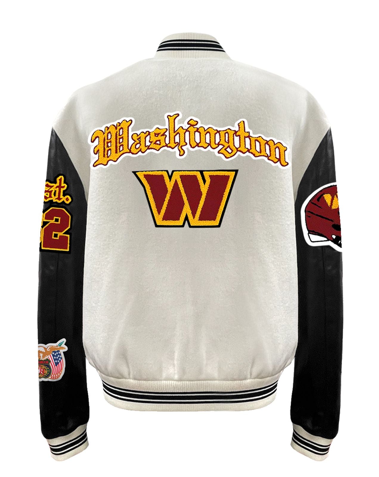 WASHINGTON COMMANDERS WOOL & LEATHER OLD ENGLISH VARSITY JACKET Off White/Black