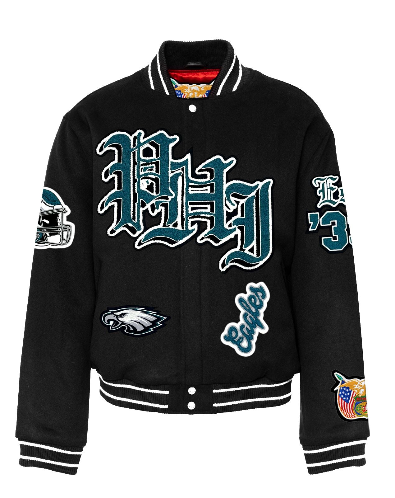 PHILADELPHIA EAGLES WOOL OLD ENGLISH VARSITY JACKET Black