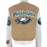 Philadelphia Eagles Wool & Leather Old English Varsity Jacket Camel