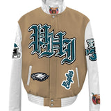 Philadelphia Eagles Wool & Leather Old English Varsity Jacket Camel